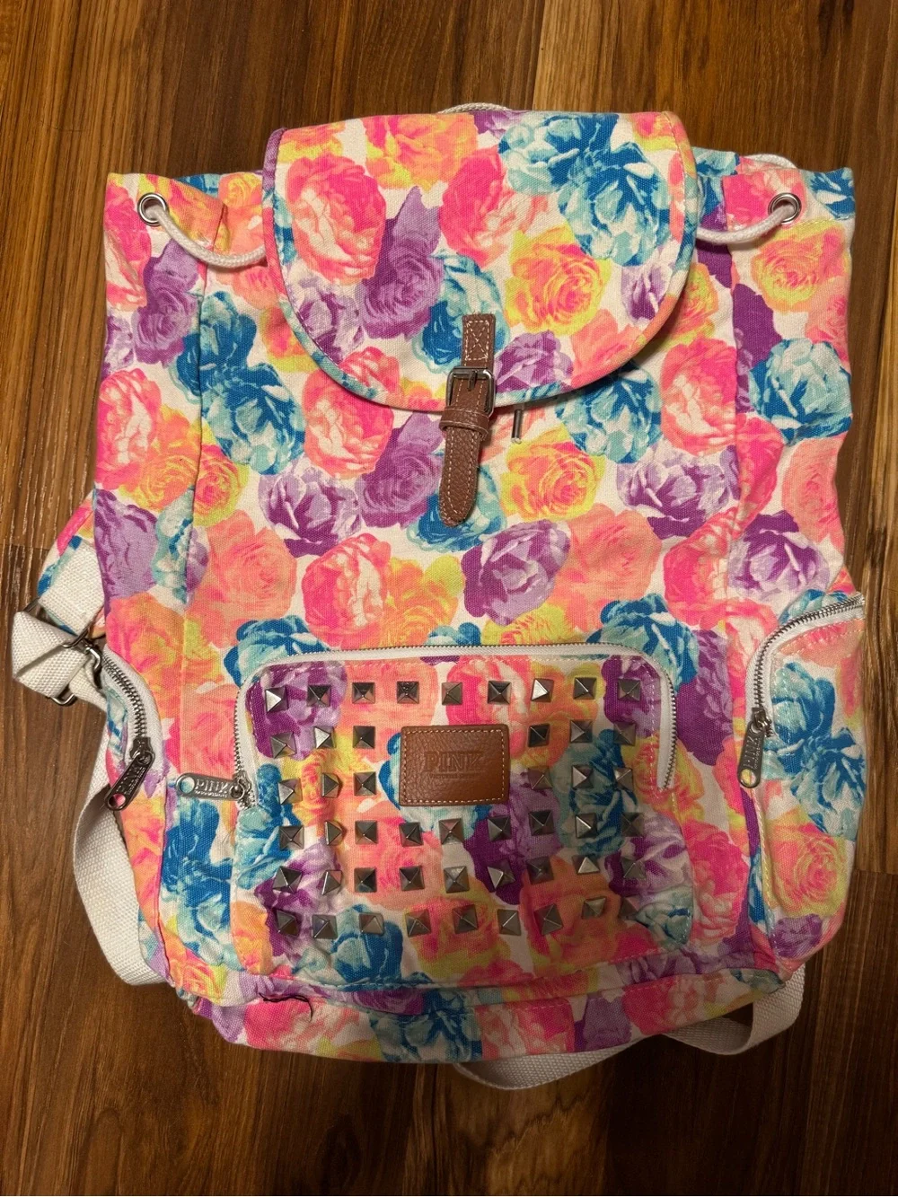 GORGEOUS RARE PINK Victoria's Secret Multicolor Floral STUDDED Canvas Backpack😍